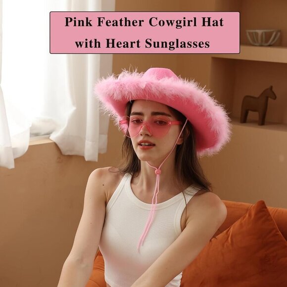 Pink Feathers Cowboy Hat and Heart Sunglasses Set for Women Bachelorette Party main image 5